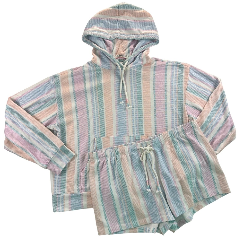 PJ Salvage Womens Large Pastel Striped Hoodie and Shorts Lounge Set 2 Piece